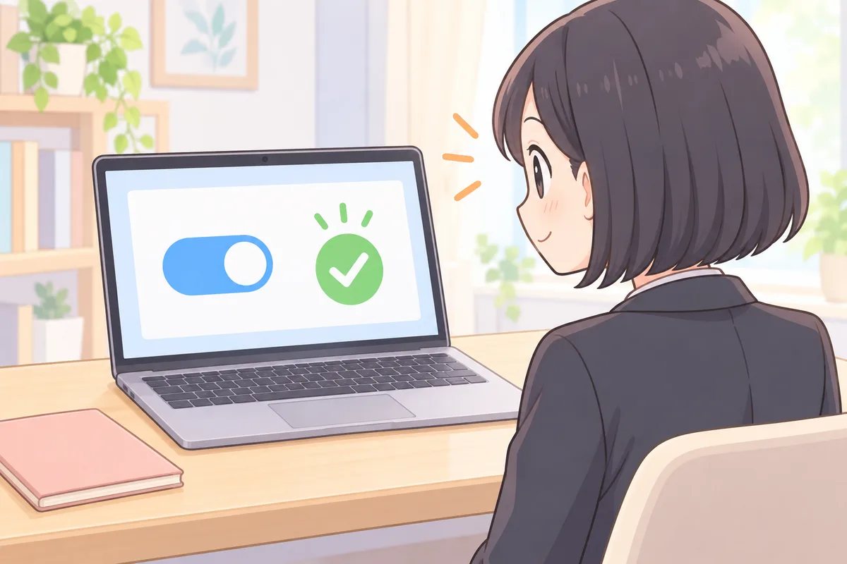 パソコンの画面で手続きの画面を確かめる女性のイラスト
