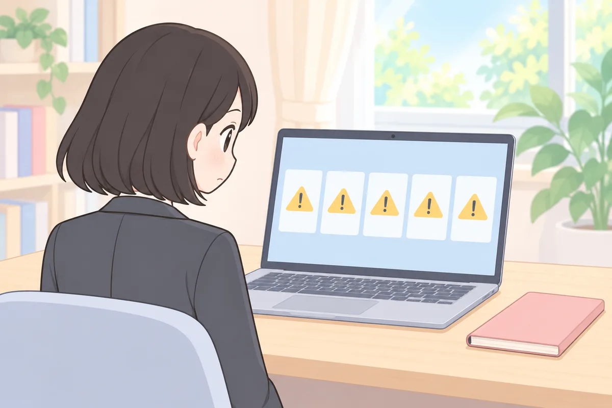 画面に並んだ5枚のカードの注意マークを、真剣な表情で見比べる女性のイラスト