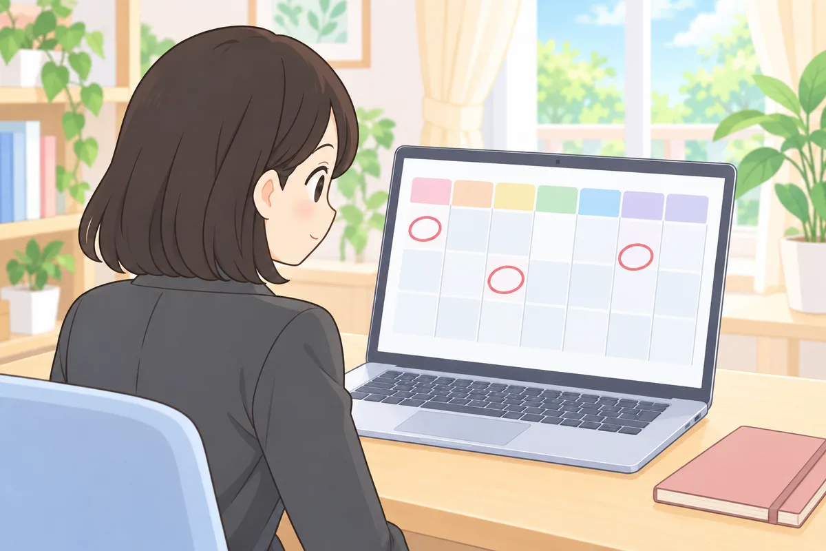 パソコンの画面で1週間のレッスンの予定を確かめる女性のイラスト