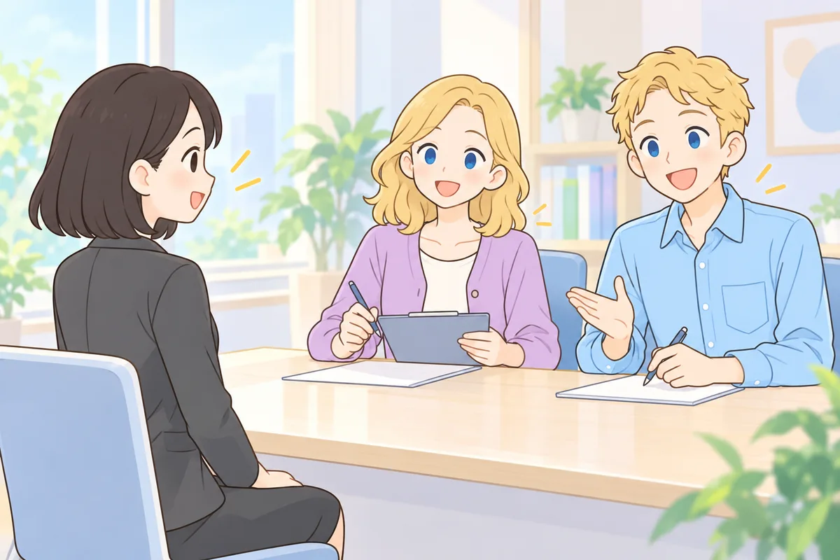 面接官役の講師2人の前で、背筋を伸ばして受け答えを練習する女性のイラスト