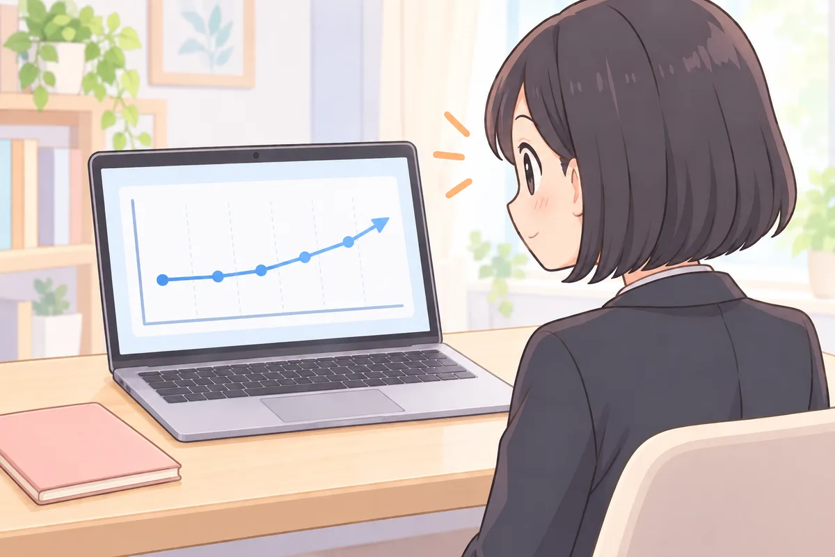 学習の記録グラフを画面で確かめる女性のイラスト