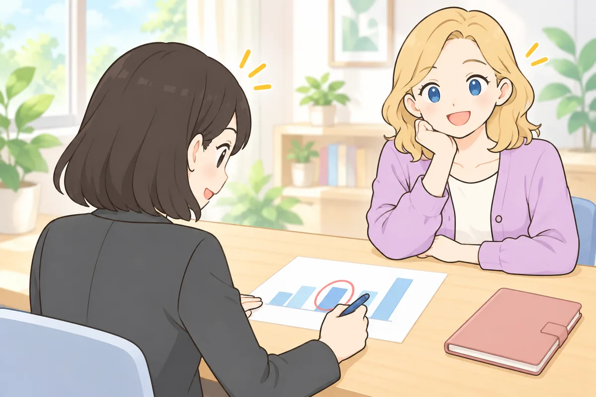 料金のグラフを見ながら、自分に合う受け方に丸をつける女性のイラスト