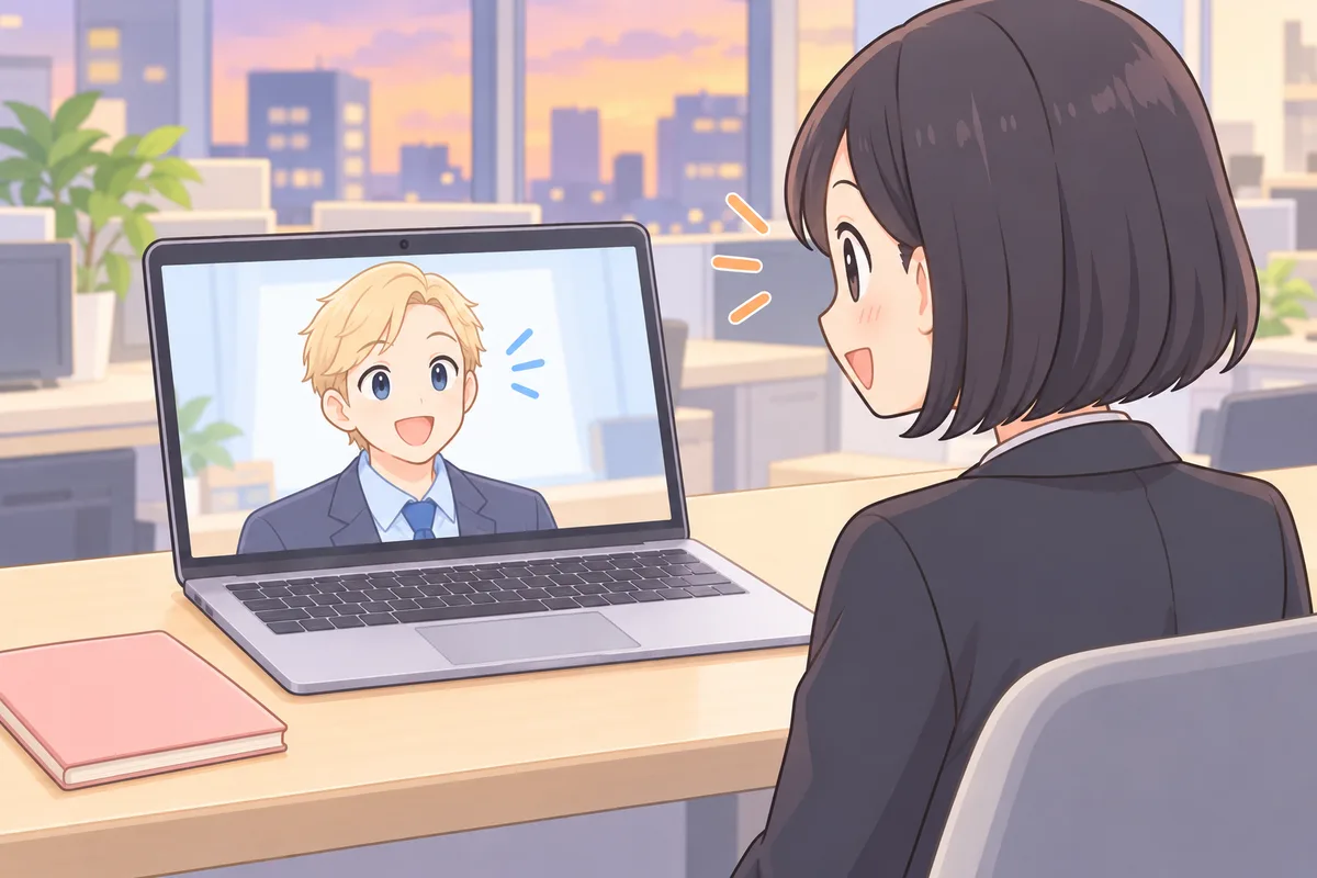 仕事のあと、会社の机で画面の講師とビジネス英語を学ぶ女性のイラスト