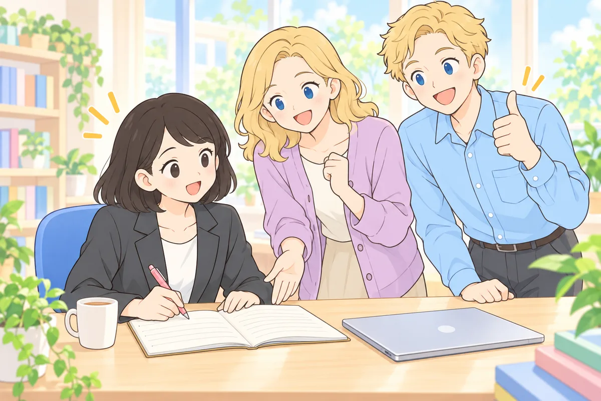 ノートに表現をまとめる女性を、横からのぞき込んでほめる講師2人のイラスト