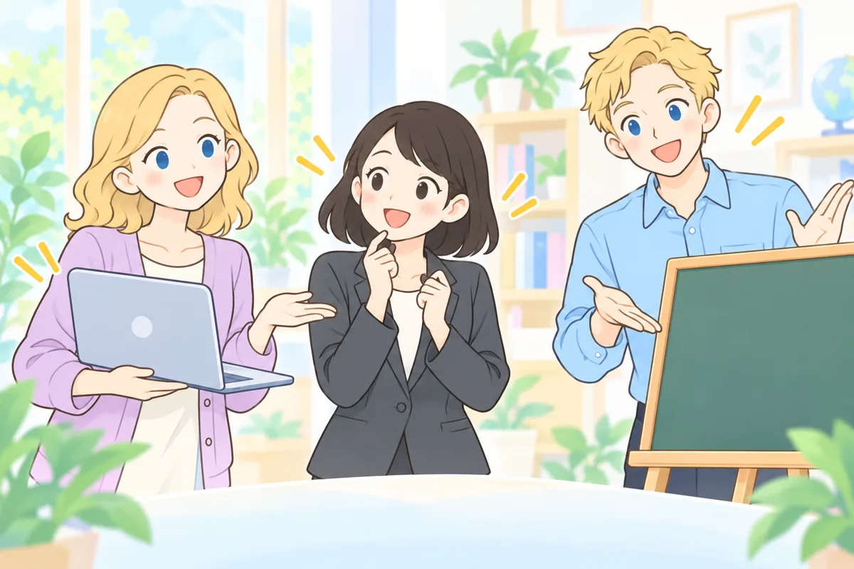 パソコンを持つ女性講師と教室の男性講師の間で、学び方を見比べる女性のイラスト