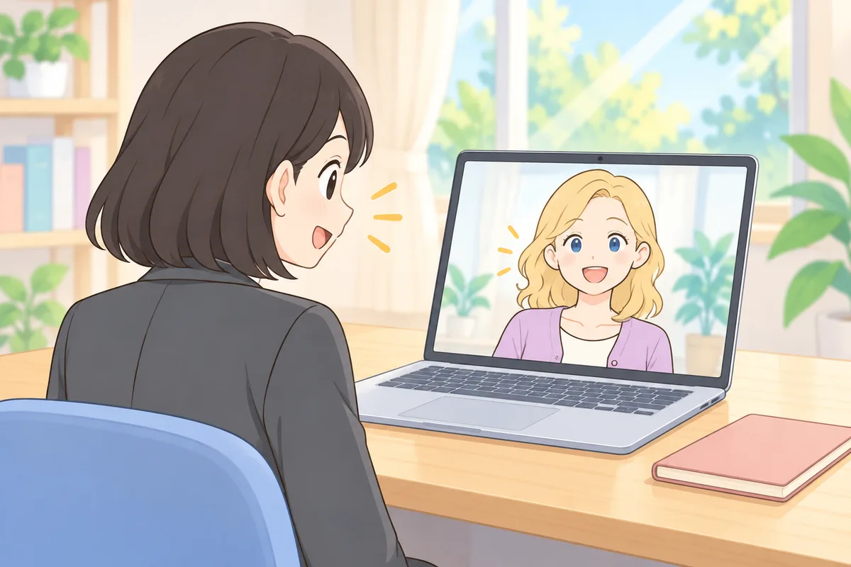 はじめてのオンラインレッスンで、画面の講師とあいさつする女性のイラスト