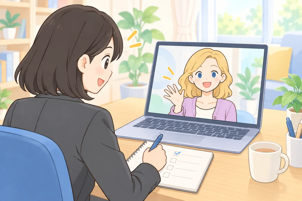 無料体験レッスンで講師とあいさつしながら、気づいた点をメモする女性のイラスト