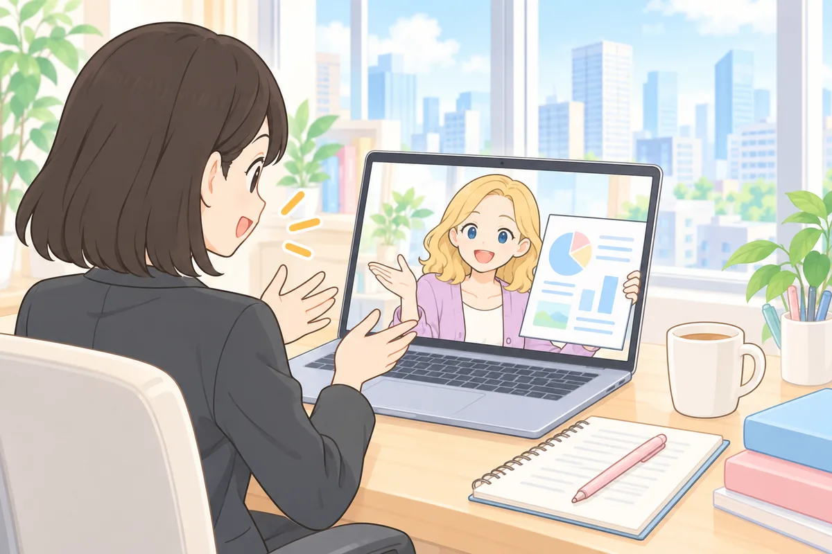 オフィスで、資料を見せる画面の講師と仕事の英語を練習する女性のイラスト
