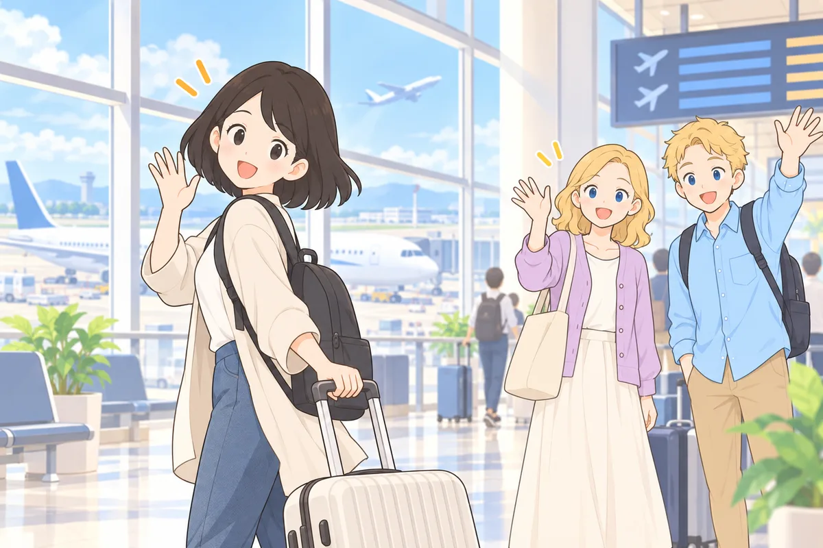 空港でスーツケースを引いて出発する女性を、講師2人が手を振って送り出すイラスト