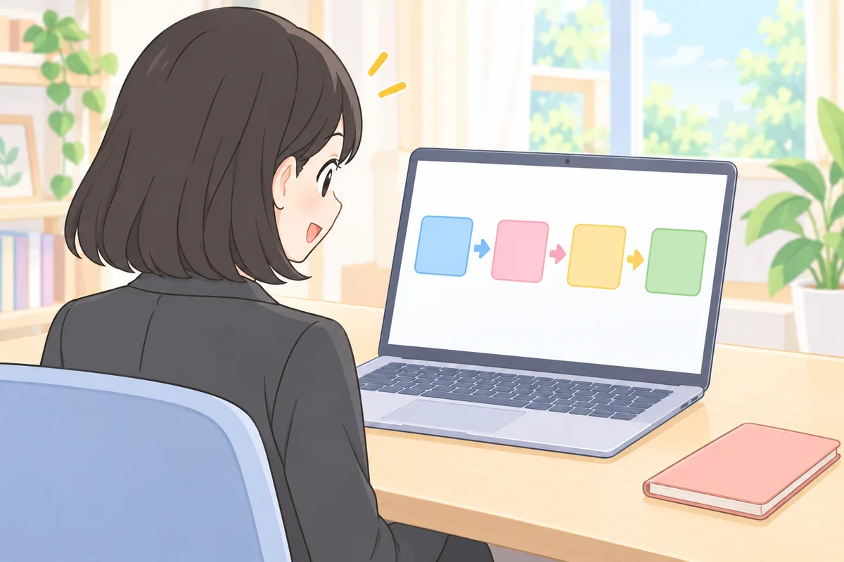 パソコンの画面で英文の語順を色分けしたブロックで確かめる女性のイラスト