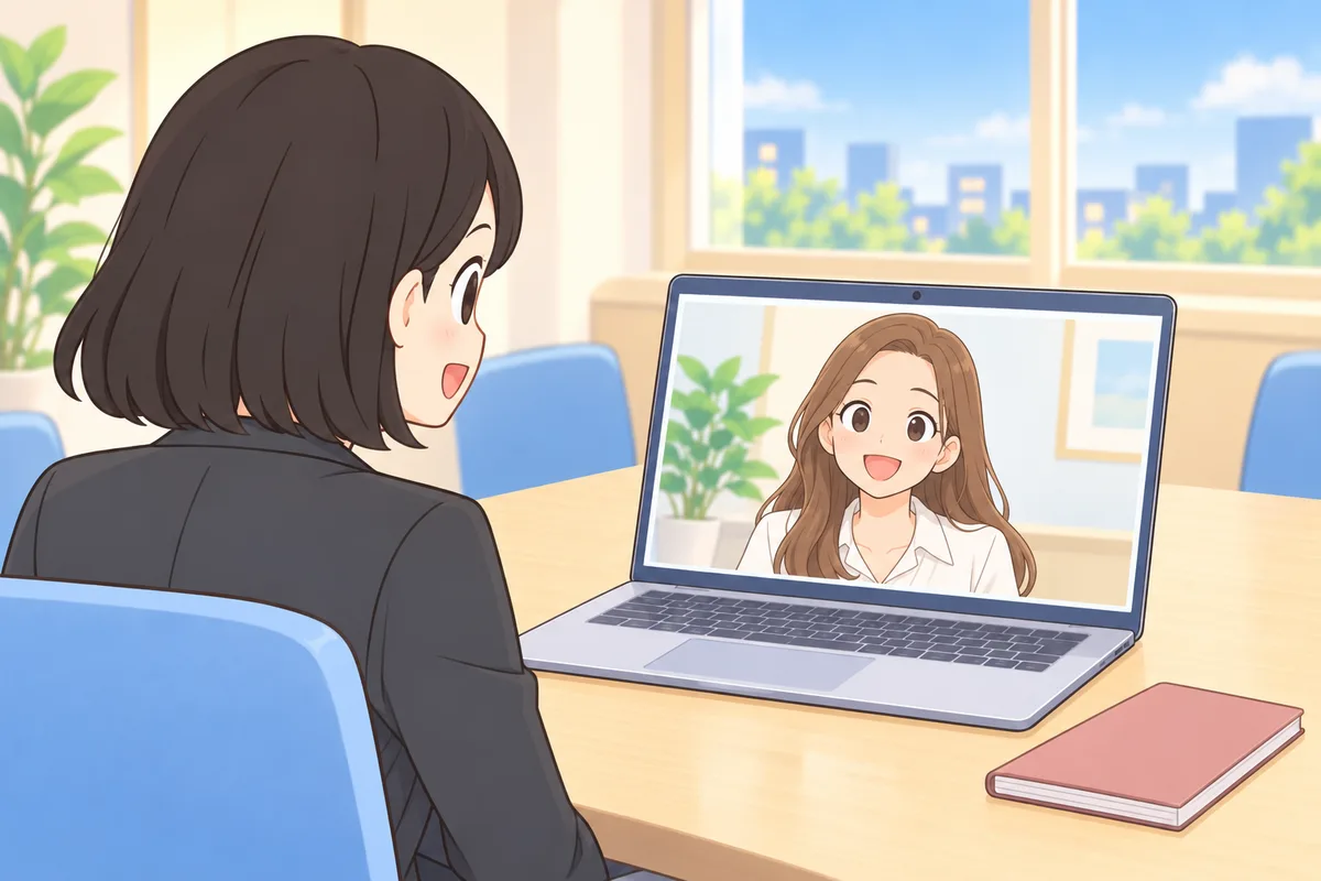 画面の講師に、笑顔で自己紹介をする女性のイラスト