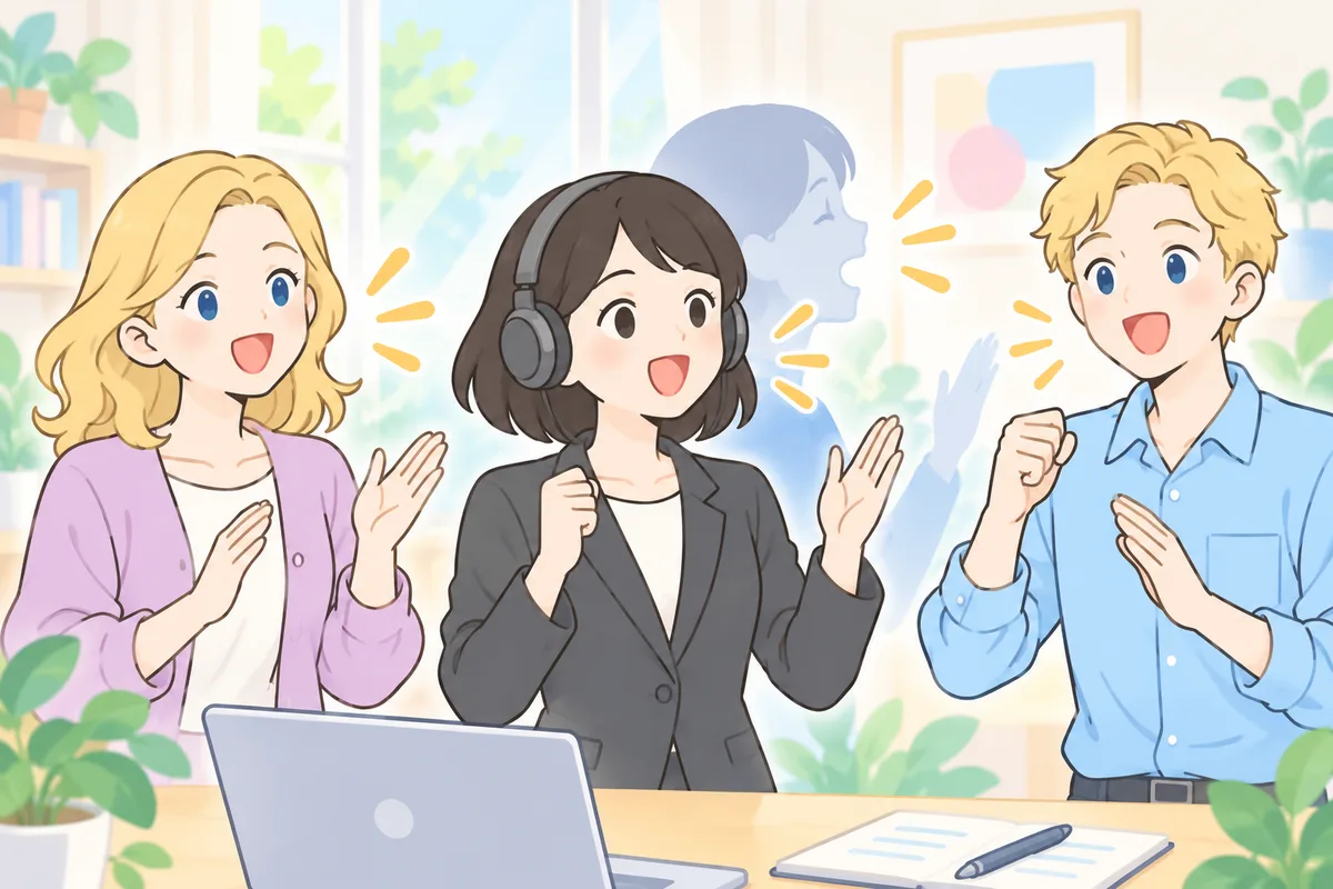ヘッドホンで声を出す女性会社員と、後ろに伸びる影、一緒にリズムを取る講師2人のイラスト
