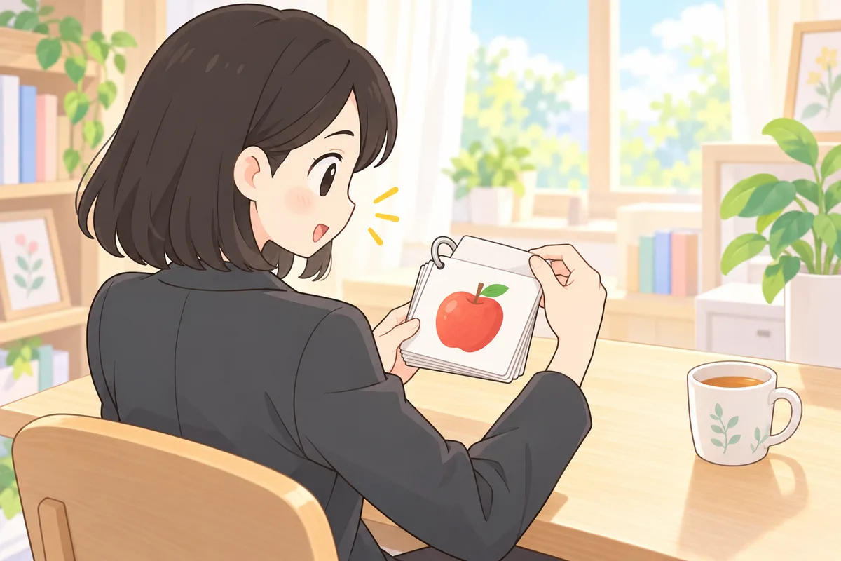 絵の単語カードをめくりながら、声に出して覚える女性のイラスト