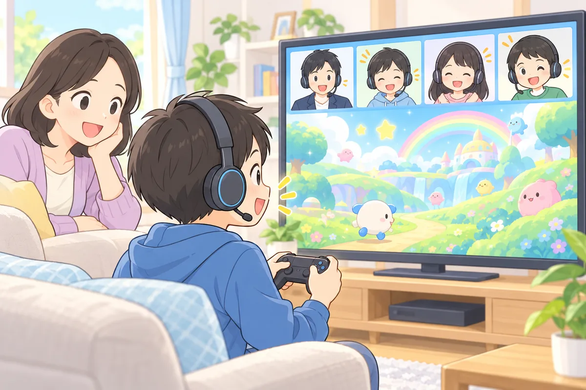 ヘッドセットをつけ、ゲームの中でコーチやほかの子どもたちと英語で話す男の子のイラスト