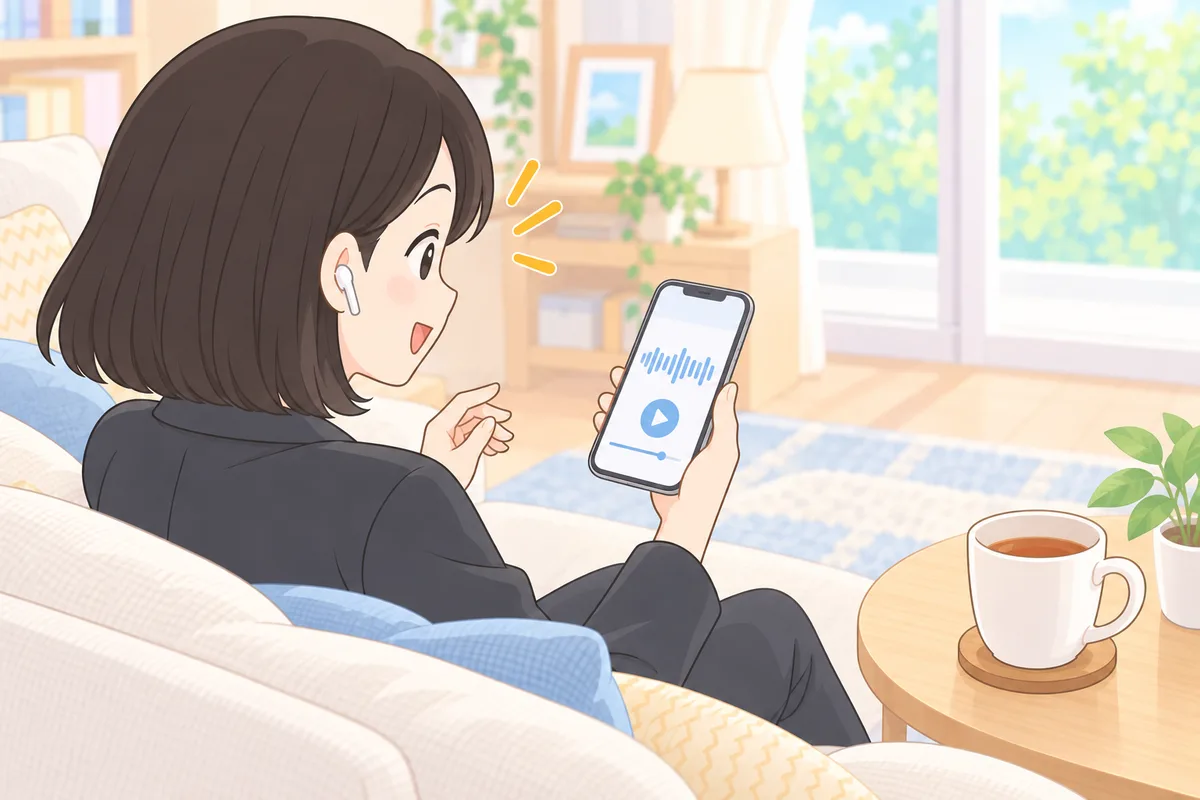 イヤホンで無料の英語の音声を聞きながら、まねして話す女性のイラスト