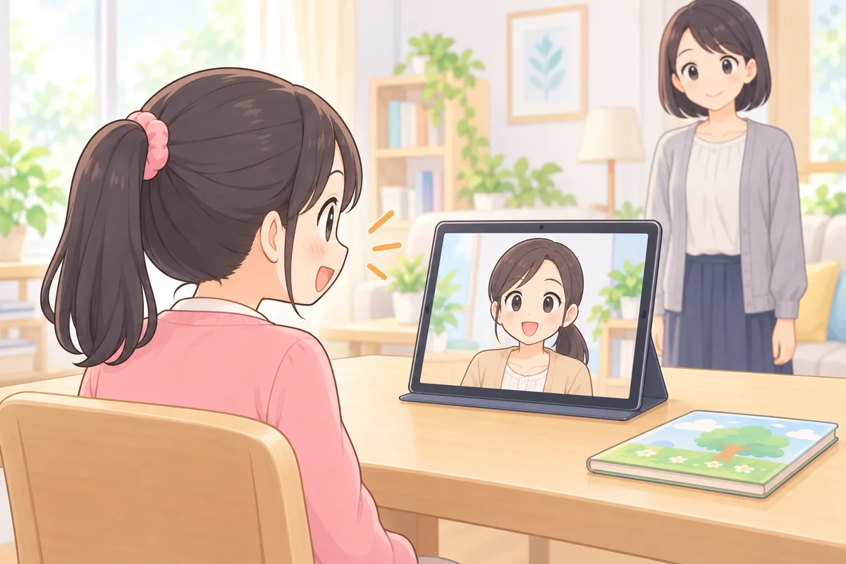 タブレットの画面のバイリンガル講師と話す女の子と、後ろで見守る母親のイラスト