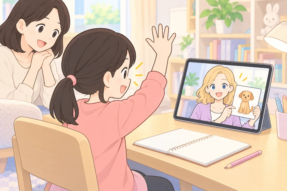 タブレットの講師が見せる絵に、手を上げて答える女の子のイラスト