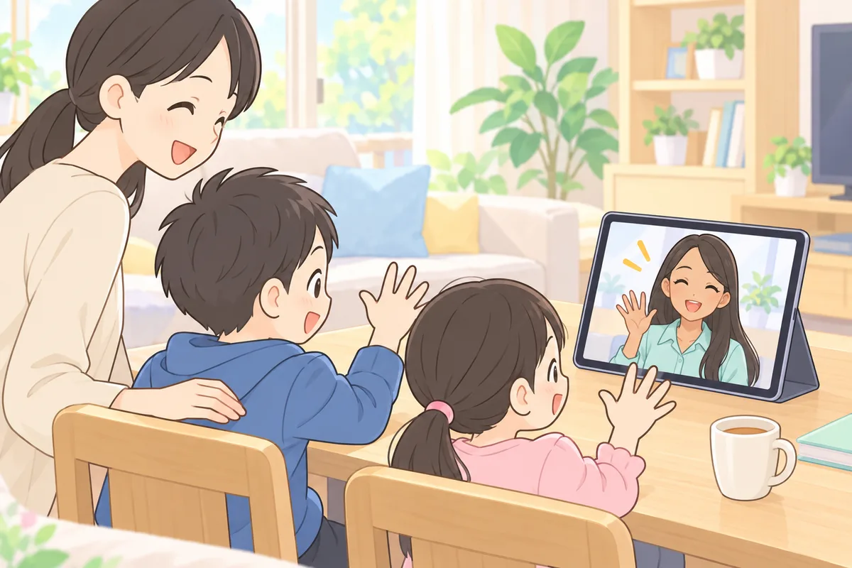 リビングで兄妹が画面の講師に手を振り、母親が笑顔で見守るイラスト