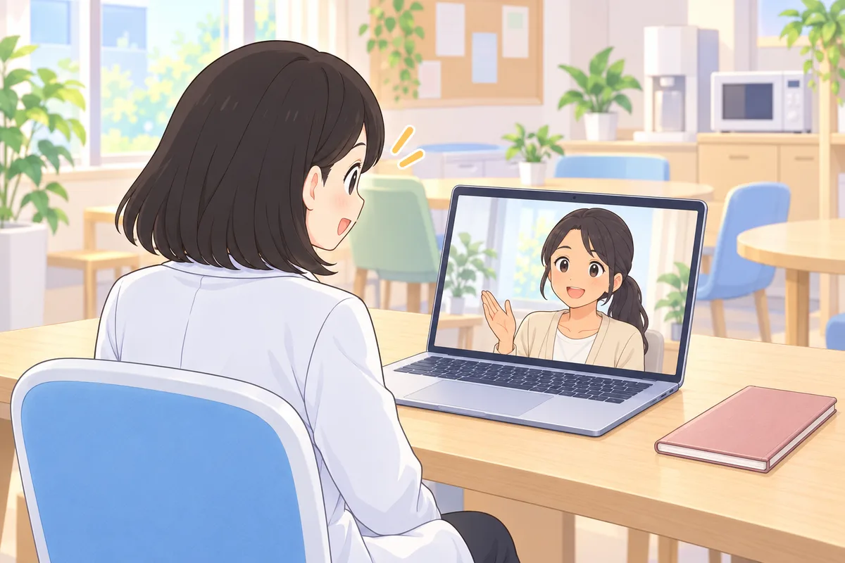 白衣の女性が、画面の日本人のコーチと医療英語の相談をしているイラスト