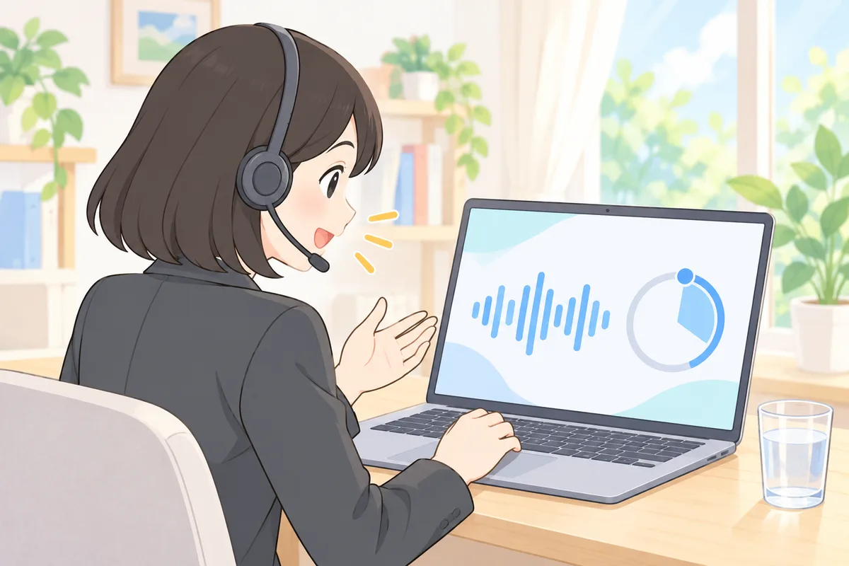 ヘッドセットをつけ、パソコンに向かってスピーキングの練習をする女性のイラスト