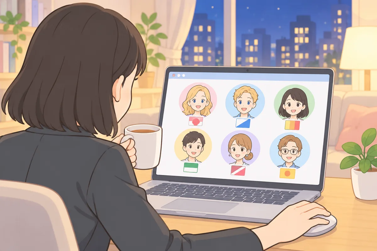 自宅のデスクでノートパソコンに並んだ英語講師のプロフィールと30分あたりの料金を見比べながら、手帳に候補の先生を書き出す女性のイラスト