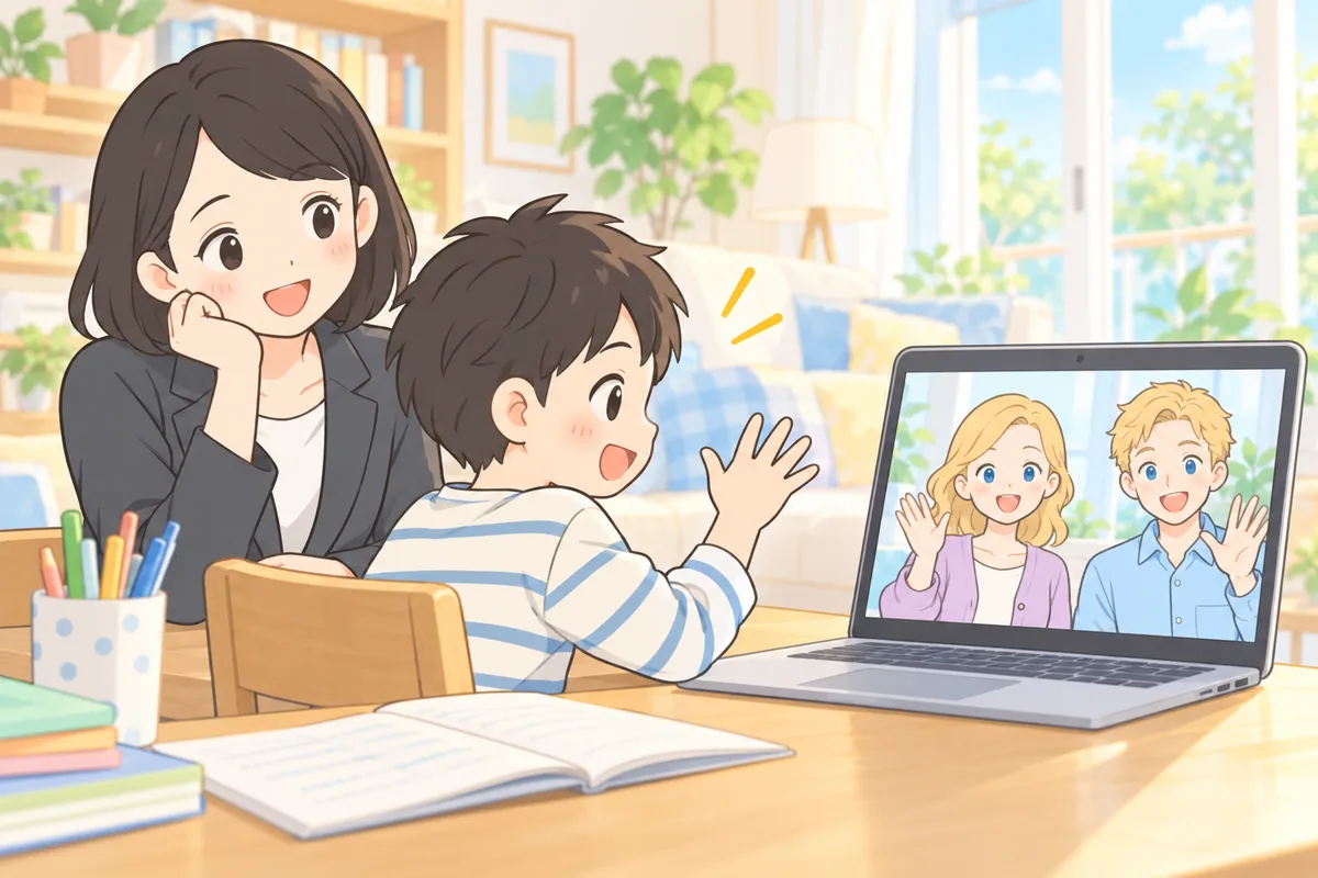 リビングでタブレットの講師2人に手を振る男の子と、隣で見守る母親のイラスト