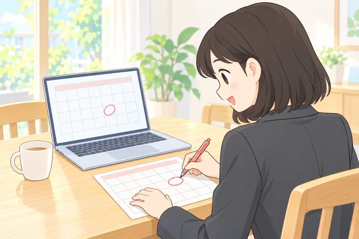 朝のリビングで、ノートパソコンの画面に表示されたキャンペーンの案内をスマホのカレンダーと見比べる女性のイラスト