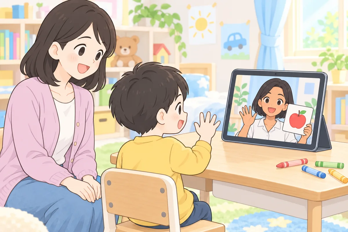 明るい子ども部屋で、母親の隣に座った幼い男の子がタブレットの画面のフィリピン人の女性講師と話しているイラスト