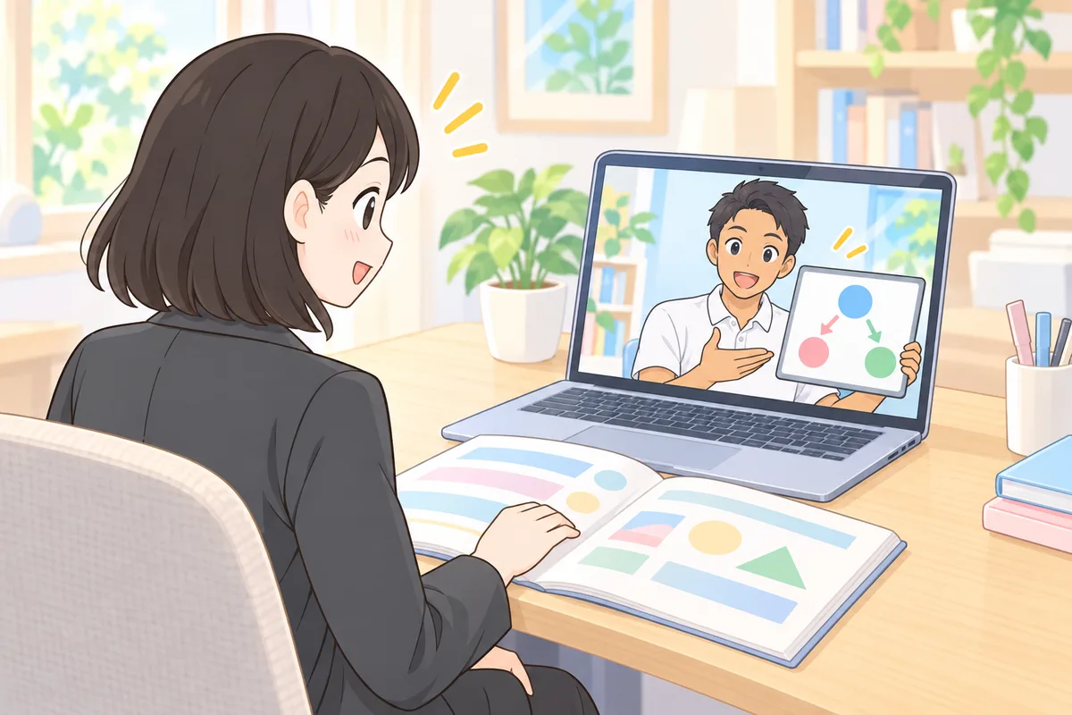 画面のフィリピン人講師が図を見せて説明し、テキストを開いて聞く女性のイラスト