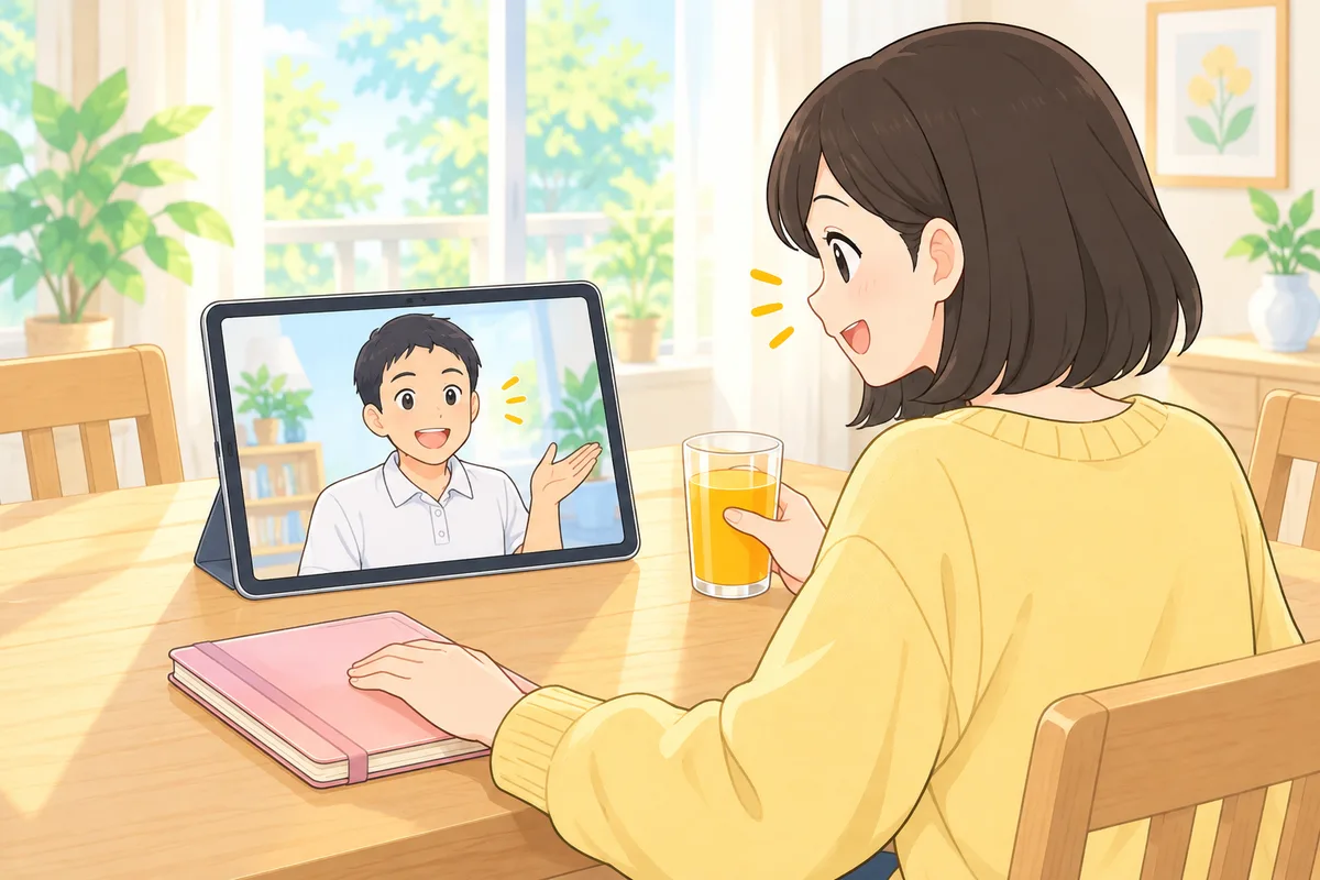 休日の午前、ダイニングテーブルのタブレットでフィリピン人講師と話す女性のイラスト