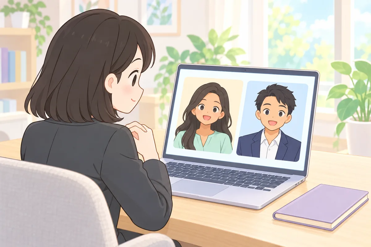 フィリピン人の女性講師と、スーツのフィリピン人トレーナーを画面で見比べる女性のイラスト