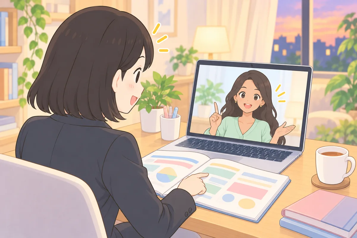 テキストを開いて、自宅でオンライン英会話のレッスンを受ける女性のイラスト