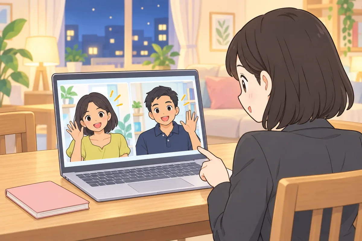 夜のリビングで、スーツの女性がノートパソコンの画面に並んだフィリピン人の女性講師と男性講師を見比べているイラスト