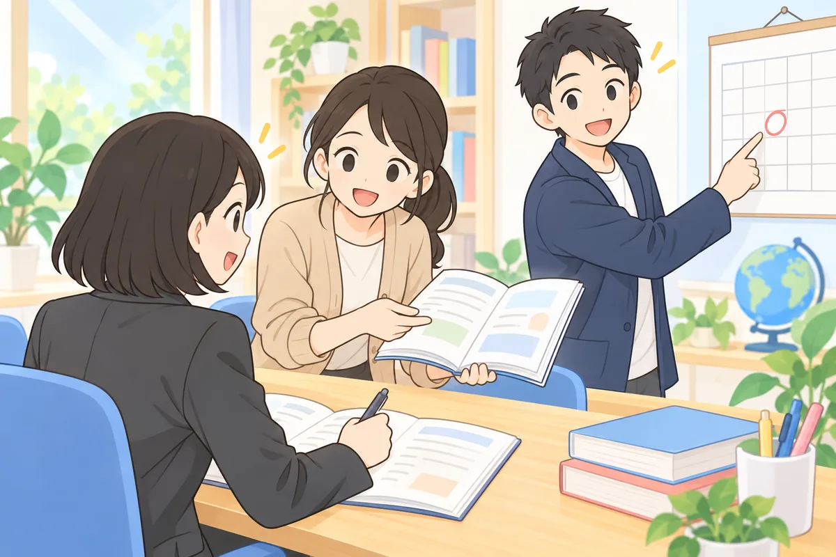 問題集に取り組む女性に、講師2人が参考書と試験日の予定を示す様子のイラスト
