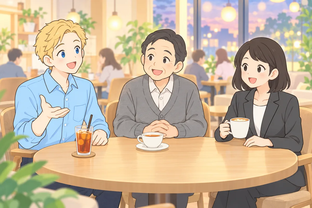 明るい英会話カフェで、外国人のスタッフと日本人の女性・年配の男性がテーブルを囲んで笑顔で話しているイラスト