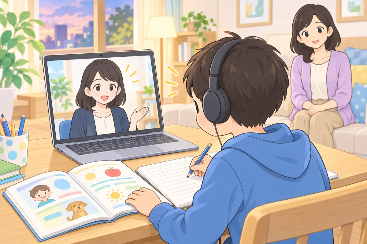 自宅の机でヘッドホンをつけ、ノートパソコンの画面の先生と英語のテキストを進める男の子と、後ろで見守る母親のイラスト
