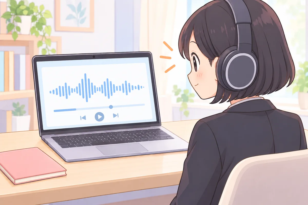 ヘッドホンをつけて、パソコンで英語の音声を聞き取る練習をする女性のイラスト