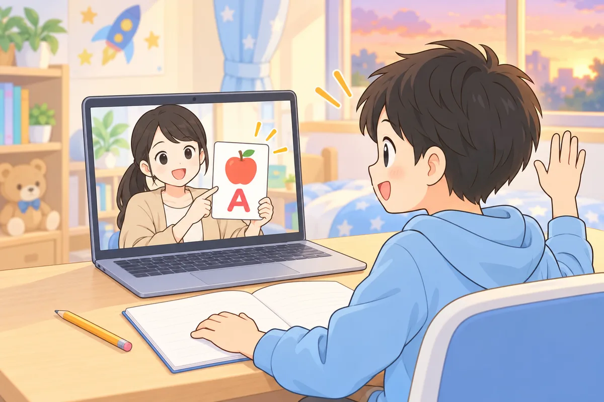 夕方の子ども部屋で、ノートパソコンの画面の日本人の先生が見せるアルファベットのカードに手を挙げて答える小学生の男の子のイラスト