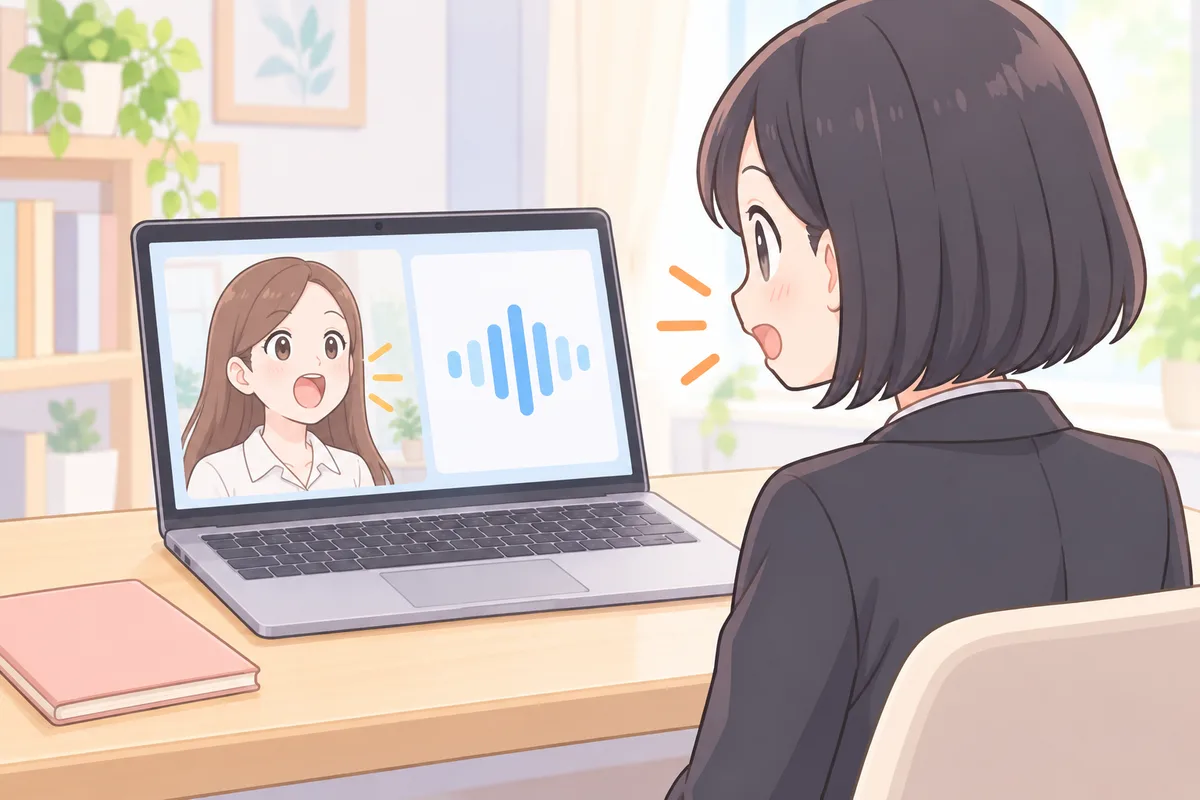 画面のトレーナーの口の形と音の波を見ながら、発音を練習する女性のイラスト
