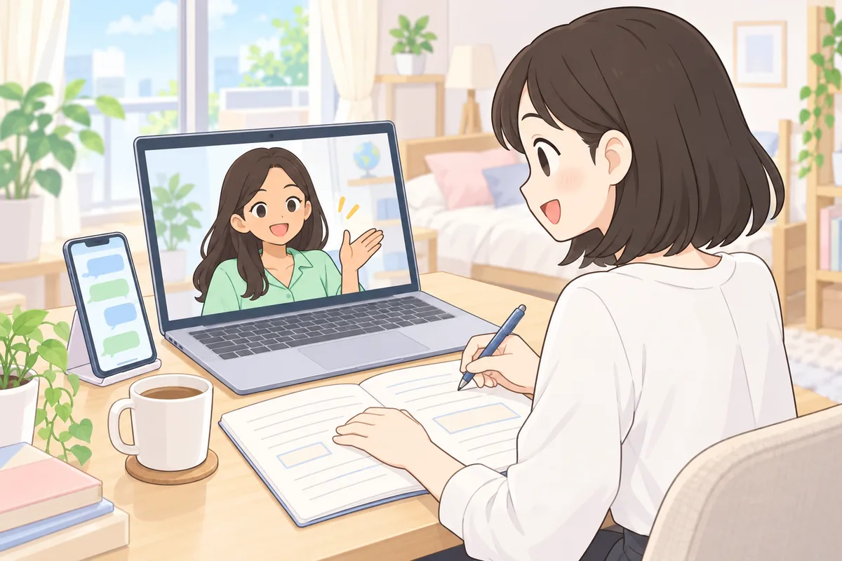 朝の自宅の机で、ノートパソコンの画面のフィリピン人の女性講師とレッスンをしながら、学習ノートに書き込む女性のイラスト