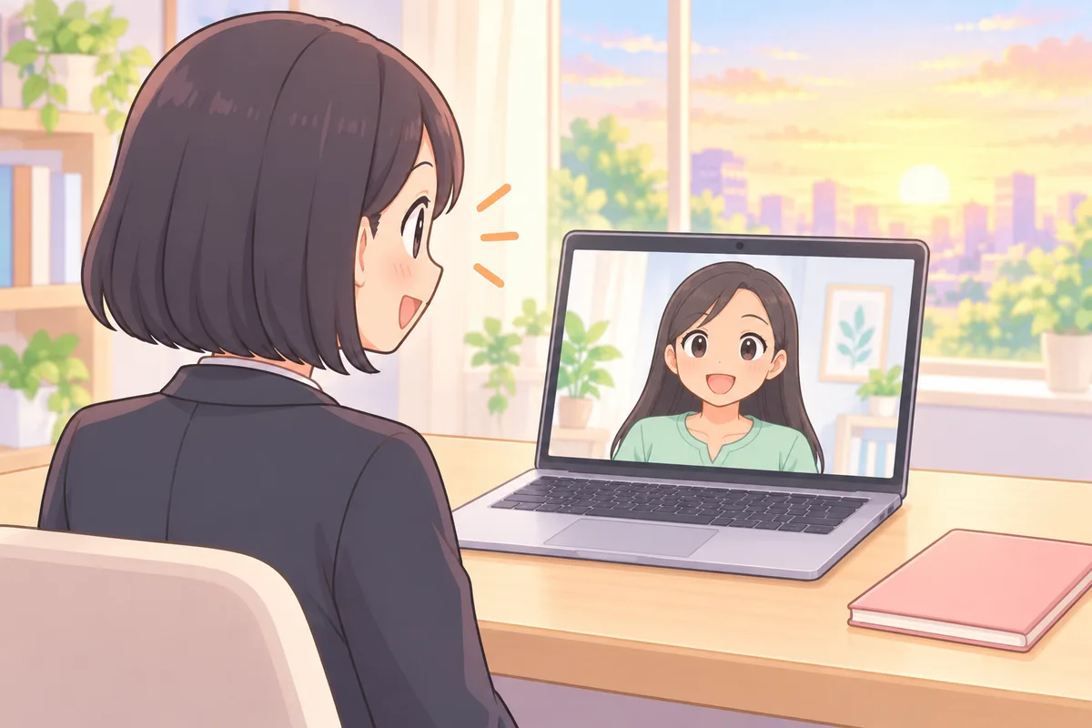 朝日の差す部屋で、画面の講師と笑顔であいさつする女性のイラスト