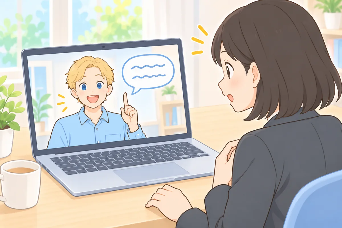 ノートパソコンの画面の中の男性講師から早口で問いかけられ、机に手を置いて答えるスーツの女性のイラスト