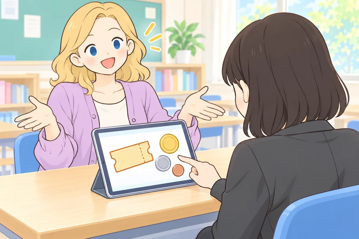 明るい教室で、女性講師がタブレットの画面のチケットとコインの図形を示しながら、スーツの女性にキャンペーンを案内しているイラスト