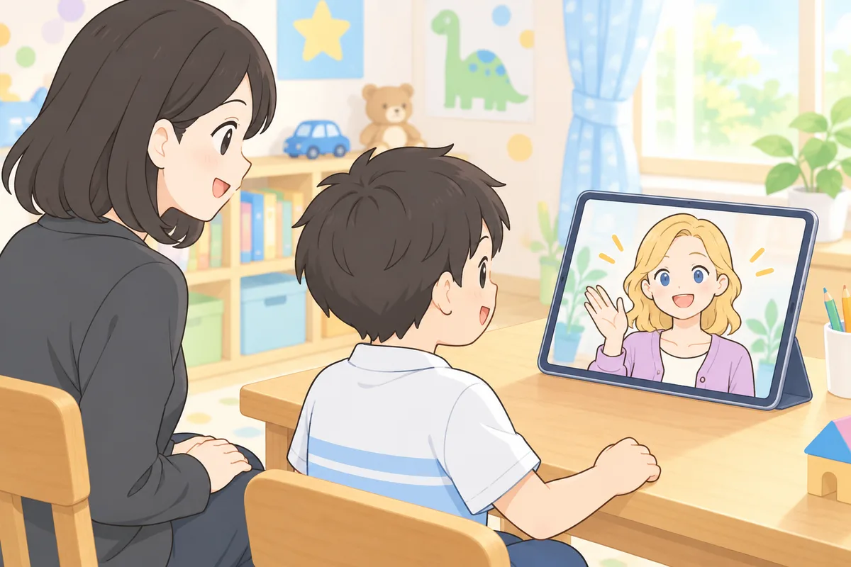 明るい子ども部屋で、母親と並んで座った小学生の男の子がタブレットの画面の中の女性講師と話しているイラスト
