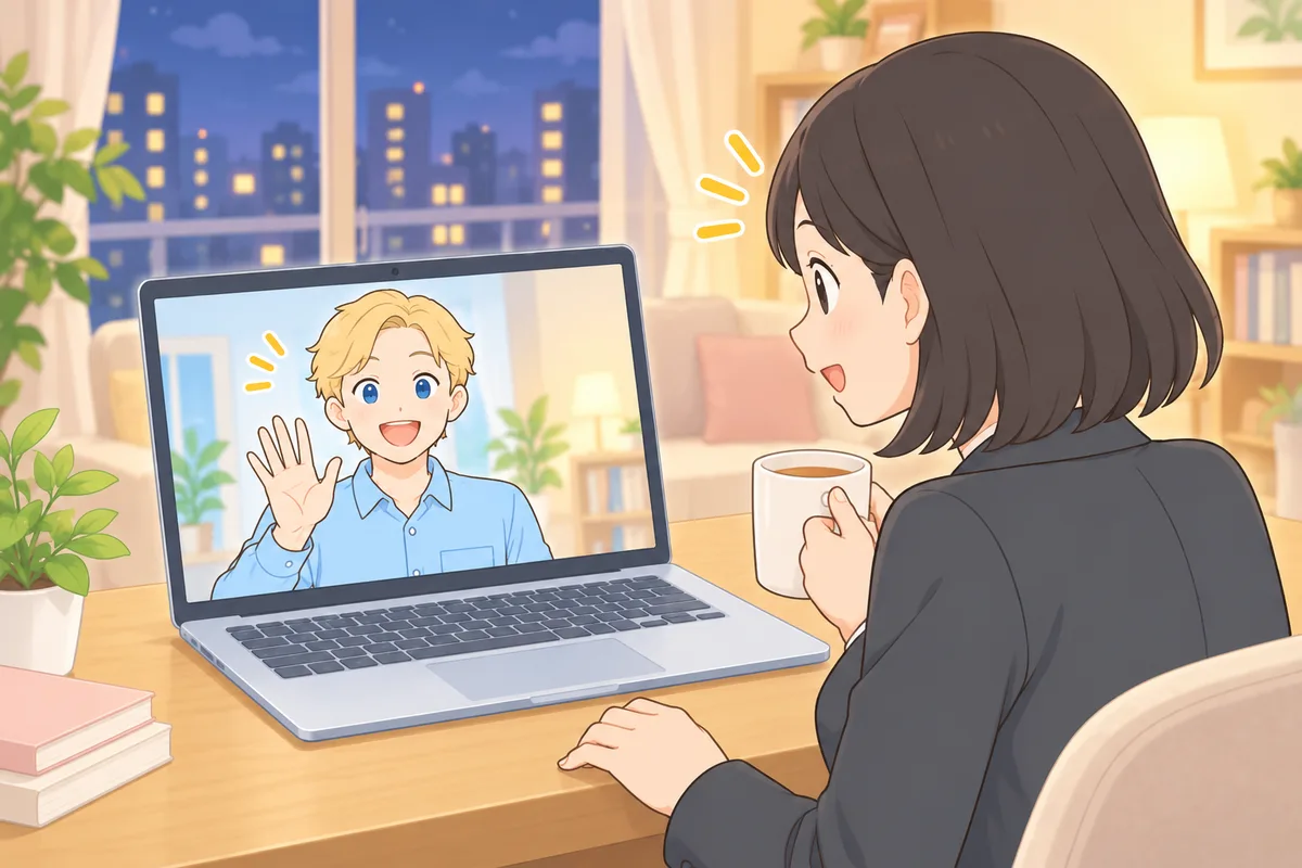 夜のリビングで、ノートパソコンの画面の中の金髪のネイティブ講師と話す会社員の女性のイラスト