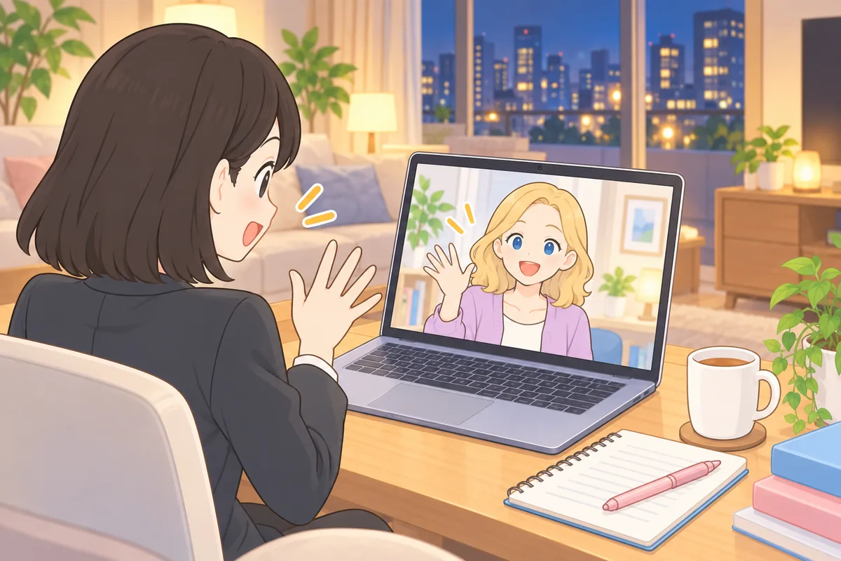 ノートパソコンを開くとすぐ現れた画面の講師に、驚いて手を振る女性のイラスト