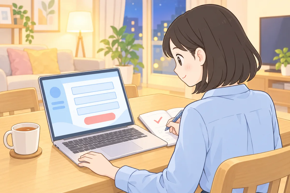夜のリビングで、会社員の女性がノートパソコンの退会手続きの画面の前で、手帳のチェックリストを確かめているイラスト