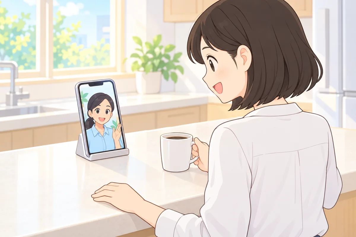 朝のキッチンで、カウンターのスタンドに立てたスマホの講師と話しながらマグカップを持つ女性のイラスト