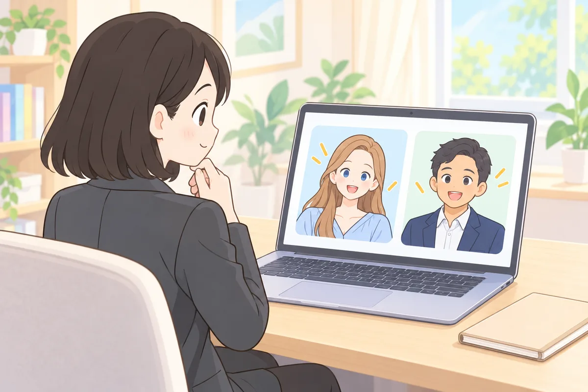 ヨーロッパ出身の講師と、スーツのフィリピン人トレーナーを画面で見比べる女性のイラスト