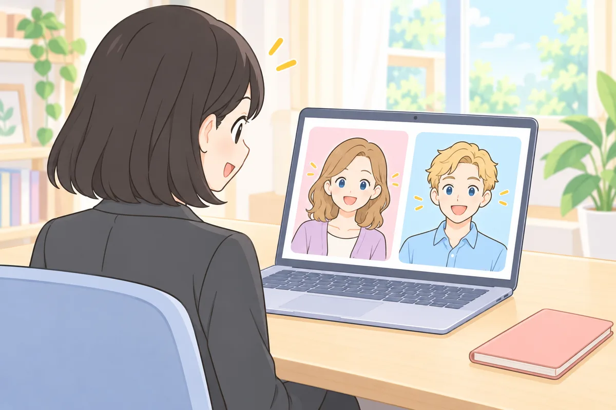 画面で2人の講師を見比べる女性のイラスト